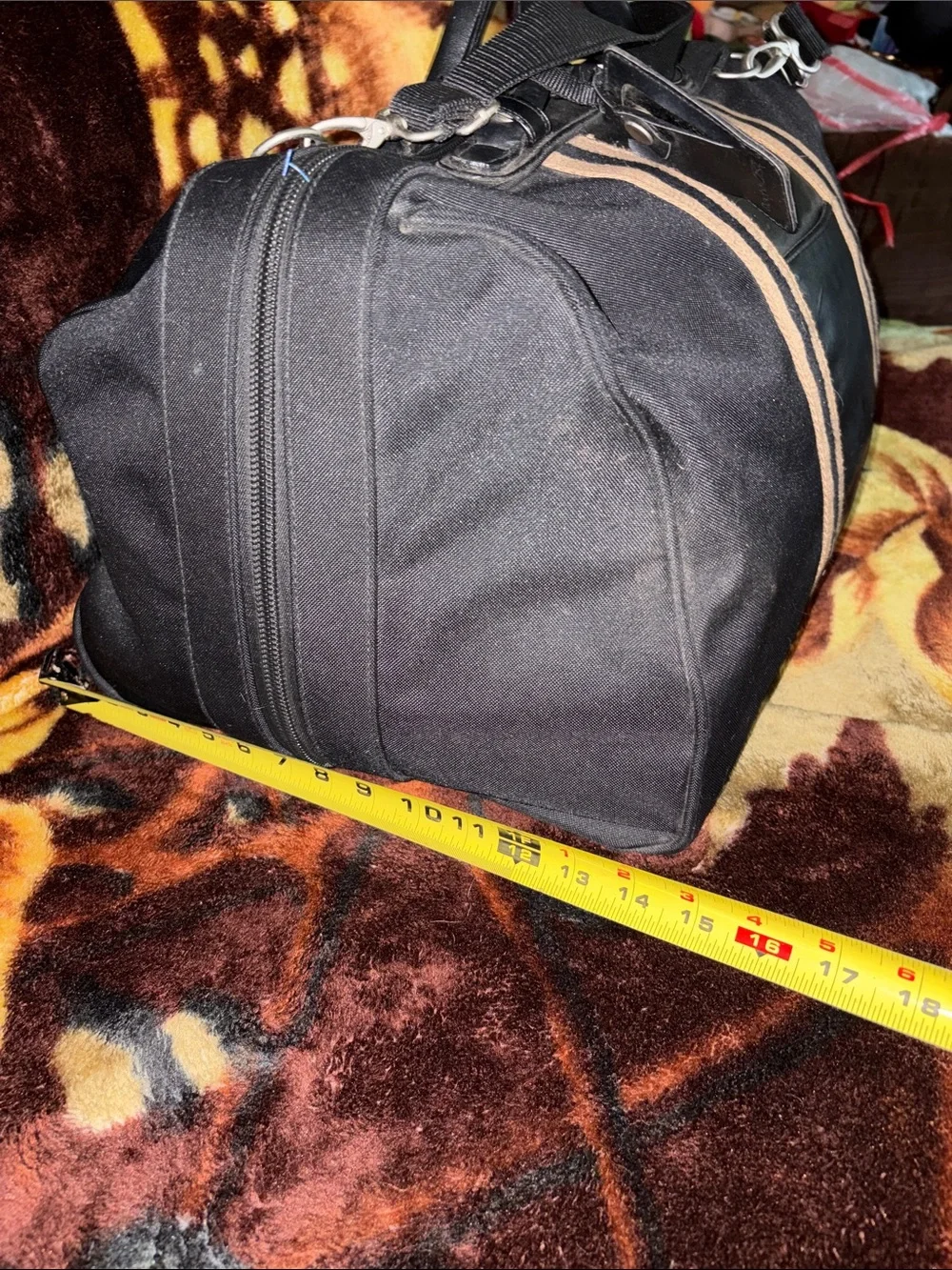 Vintage Rebook Men's Leather Black Travel Gym Duffel Bag with Tan Stripes